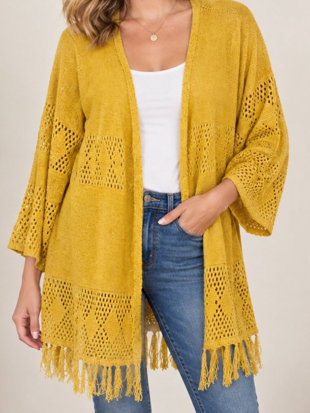 Sweater Wrap Yellow 18 - 20 Fringe Lacey Look Avenue  Trendy Wardrobe Must Have